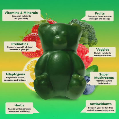 Gruns Adult Sugar-Free Super Greens Multivitamin Gummies, Superfood Gummy Vitamins for Women and Men with Spirulina, Chlorella, Adaptogens & Prebiotic Fiber for Digestive Health (28 Count)