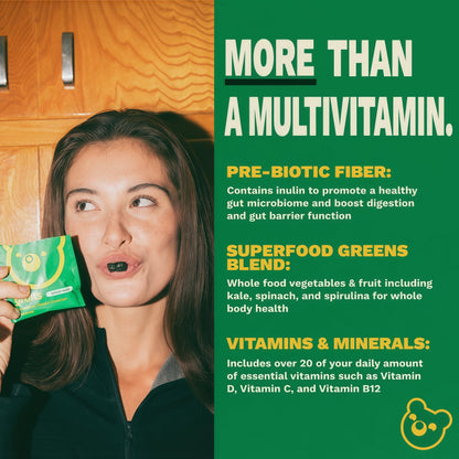 Gruns Adult Sugar-Free Super Greens Multivitamin Gummies, Superfood Gummy Vitamins for Women and Men with Spirulina, Chlorella, Adaptogens & Prebiotic Fiber for Digestive Health (28 Count)